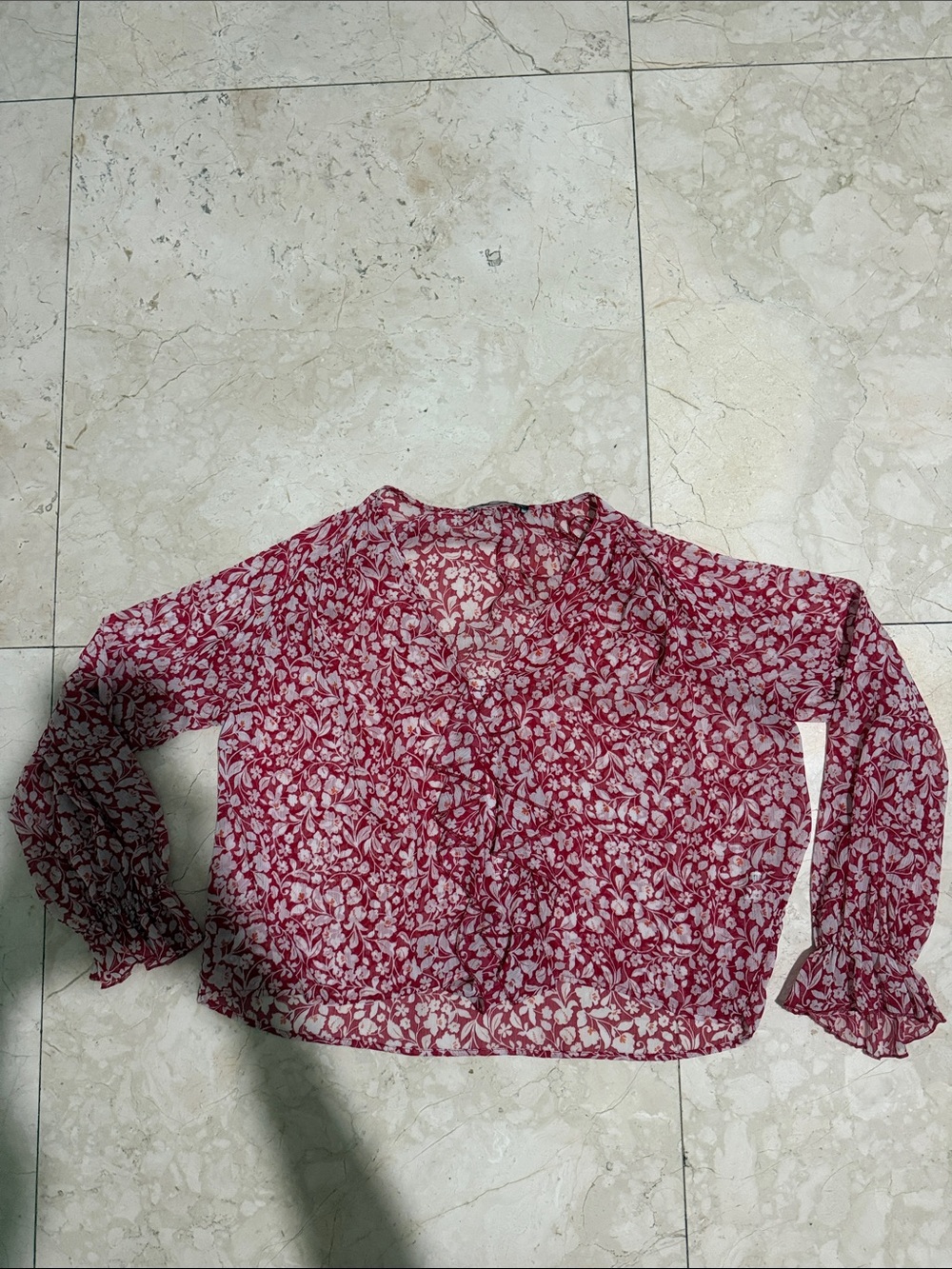Zara Red Floral V-Neck Sheer Blouse